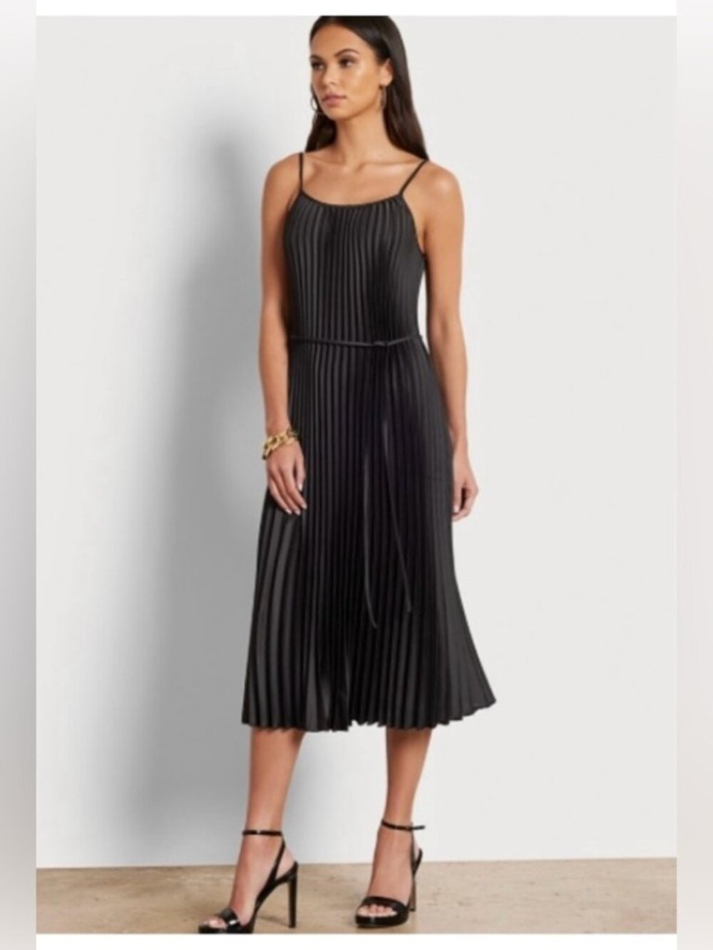 Sam Edelman Black Accordian Pleated Plisse Satin Sleeveless A Line Midi Dress S - Picture 13 of 13